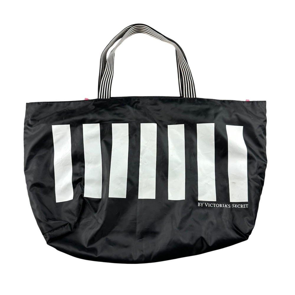 Victoria's Secret Tote Bag Women L Black Pink VSX Mesh Striped Sport Gym Girly
